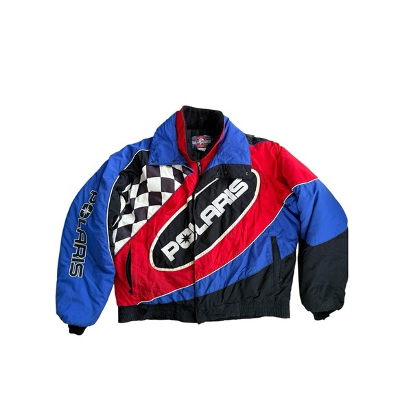 Vintage Polaris Racing Snowmobile Stripes Checkered Jacket Coat Men - Picture 1 of 5